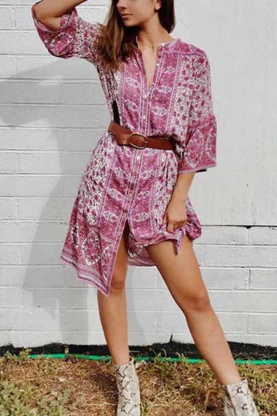 Female Vintage Ethnic Bell Sleeve Lapel Collar Floral Print Button Down Oversize Midi Boho Dress in Pink