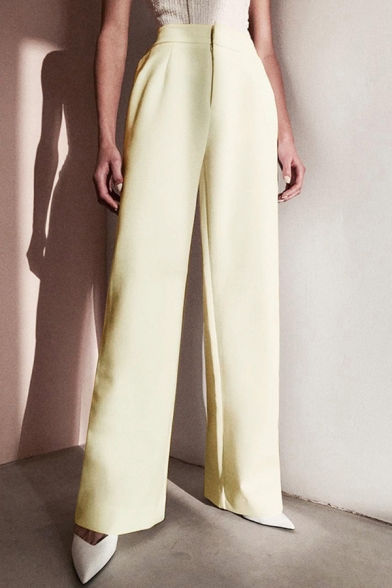 Formal Elegant Ladies' High Rise Ankle Length Fitted Suiting Flared Pants in Light Yellow