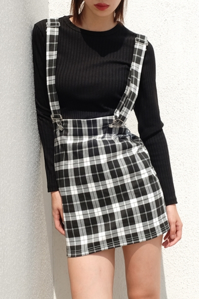 Girls' Stylish Trendy High Waist Plaid Print Zip Back Fit Short A-Line Suspender Skirt in Black