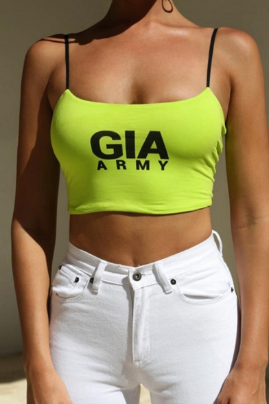 Green Hot Sleeveless Letter GIA ARMY Printed Cotton Slim Fit Crop Cami for Girls