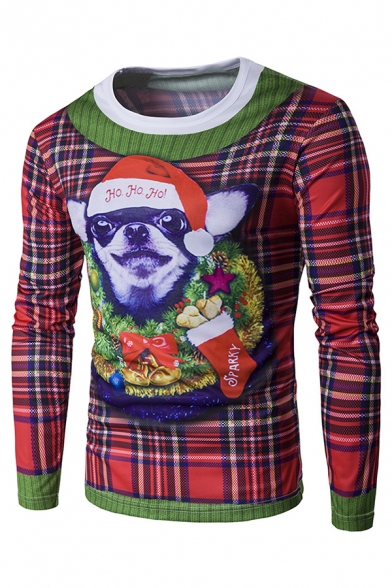 Checked Christmas Dog 3D Print Long Sleeve Slim Fit Burgundy T-Shirt
