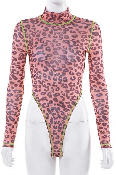 Hot Street Brown Long Sleeve Mock Neck Leopard Print Contrast Piped High Cut Sheer Mesh Fitted Bodysuit for Women