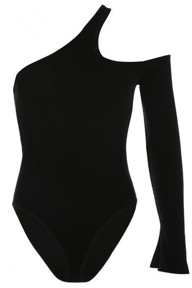 Ladies' Fashion Long Sleeve One-Shoulder Cold Shoulder Soft Slim Fit Black Bodysuit