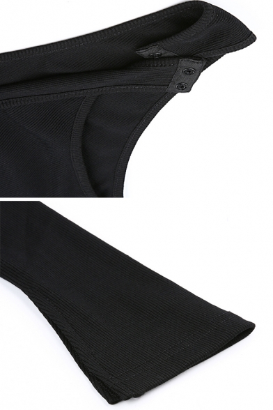 Ladies' Fashion Long Sleeve One-Shoulder Cold Shoulder Soft Slim Fit Black Bodysuit