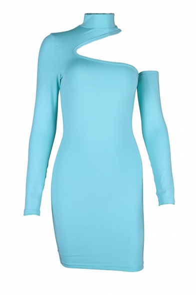 Ladies Sexy Cutout Long Sleeve High Neck Solid Color Mini Tight Dress for Night Club