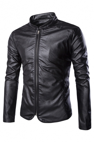 Mens Casual Solid Color Long Sleeve High Collar Zip Up Slim Fit Leisure PU Jacket