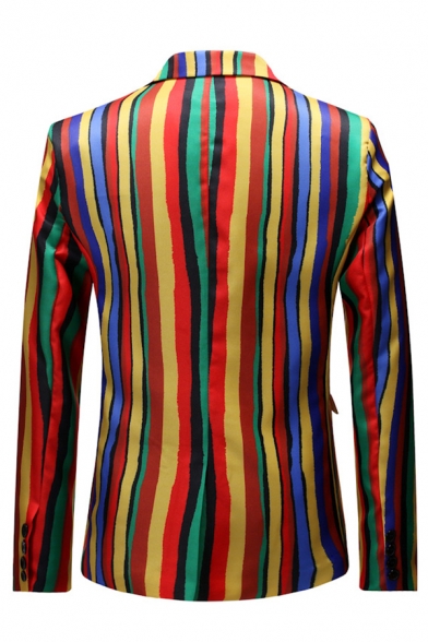 Mens Colorful Striped Printed Notched Collar Single Button Flap Pocket Casual Blazer