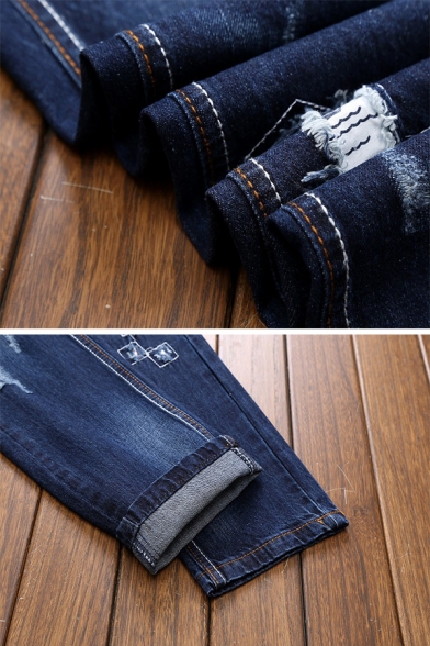 Mens Cool Ripped Embroidered Applique Mid-Waist Dark Blue Straight Jeans
