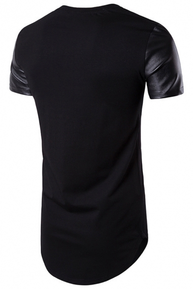 Mens Exclusive PU Insert Short Sleeve Curved Hem Slim Fit Casual T-Shirt