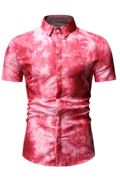 Mens Exclusive Tie Dye Print Short Sleeve Button Up Slim Fit Whole Colored Shirt