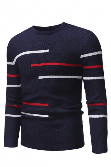 Mens Geometric Lines Printed Round Neck Long Sleeve Slim Fit Casual Waffle Knitted Sweater