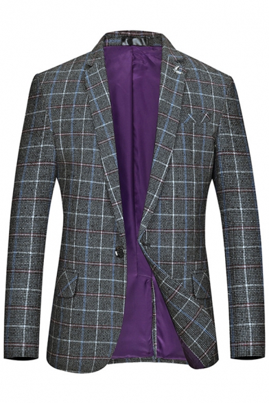 Mens New Stylish Grid Pattern Long Sleeve Notched Lapel Single Button Gray Fitted Blazer