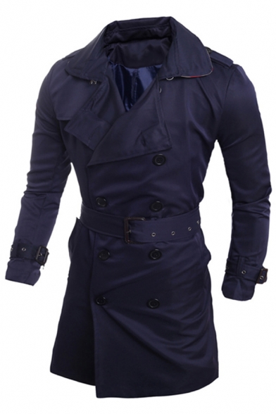 Mens Popular Solid Color Long Sleeve Double Breasted Split Back Slim Fit Longline Waterproof Trench Coat with Belt