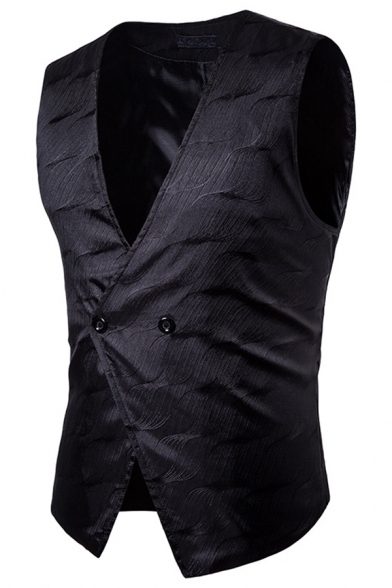 Mens Simple Plain Black Sleeveless V-Neck Double Button Slim Fit Textured Suit Waistcoat