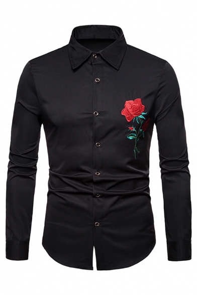 Mens Trendy Rose Embroidered Pattern Long Sleeve Turndown Collar Slim Fit Shirt