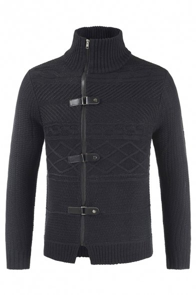 Mens Vintage Plain Leather Buckle Zipper Placket High Collar Slim Fit Chunky Knitted Cardigan Coat