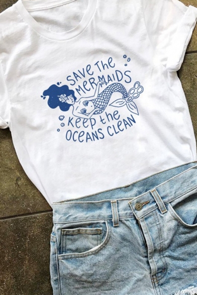 New Stylish Letter SAVE THE MERMAIDS KEEP THE OCEANS CLEAN Short Sleeve Graphic Tee