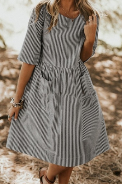 Plain Cute Girls' Short Sleeve Crew Neck Stripe Print Pocket Pleated Midi Swing Dress
