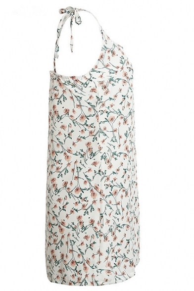 Pretty White Sleeveless Bow-Tied Strap Floral Patterned Slit Side Short A-Line Cami Dress for Cute Girls