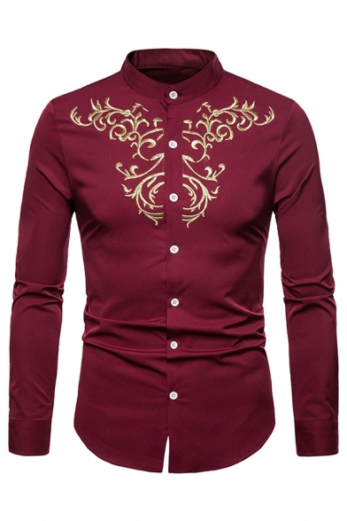 Retro Embroidered Pattern Front Band Collar Long Sleeve Button Up Shirt ...