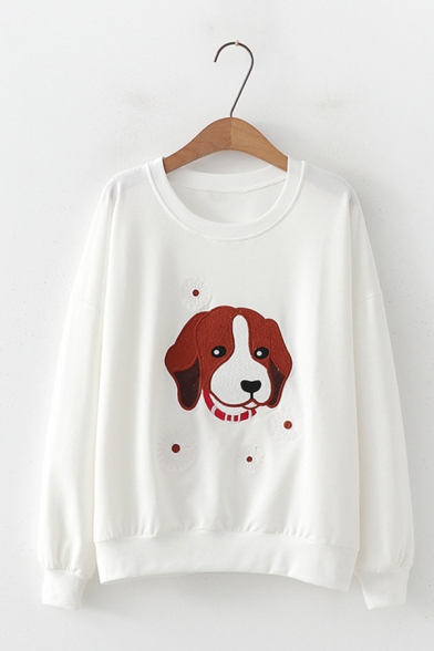 Simple Cartoon Dog Floral Print Long Sleeve Crew Neck Loose Pullover Sweatshirt