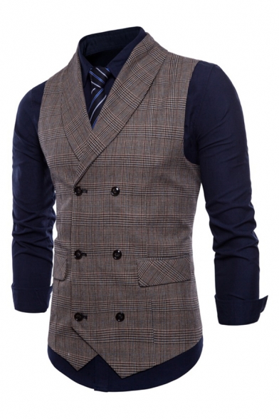 Simple Plaid Printed Sleeveless Shawl Collar Double Breasted Asymmetric Hem Business Suit Vest
