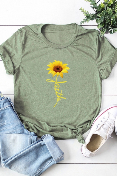 Street Style Creative Sunflower and Letter FAITH Short Sleeve T-Shirt for Women