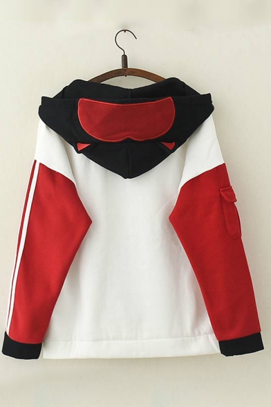 Stylish Color Block Cute Embroidered Fox TOKYO Print Long Sleeves Boxy Thick Hoodie