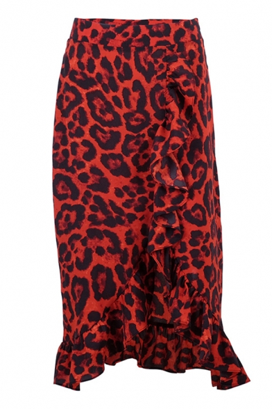 Stylish Gorgeous Girls Mid Rise Leopard Patterned Ruffled Trim Slit Front Midi Wrap Fishtail Skirt in Red