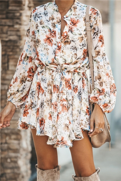 Trendy Ladies' Blouson Sleeve Band Collar Floral Print Button Bow Tie Waist Pleated Mini A-Line Shirt Dress in Apricot