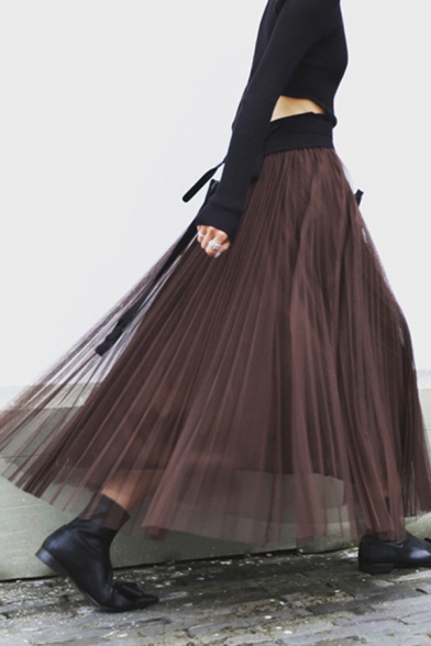 Trendy Women's Elasticated Waist Tiered Mesh Pleated Maxi A-Line Skirt in Coffee