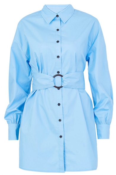 Trendy Women's Long Sleeve Lapel Collar Button Down Bow Tie Belted Plain Short A-Line Shirt Dress