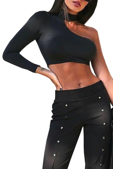 Unique Street Long Sleeve One-Shoulder Choker Side Zip Fitted Black Crop T Shirt for Girls