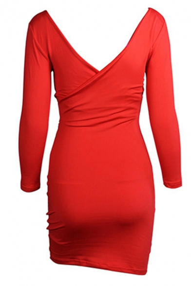 Women's Classic Long Sleeve Surplice V Neck Solid Color Mini Sheath Casual Party Dress