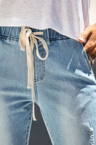 Women's Light Blue Drawstring Waist Bleach Ripped Frayed Cuffs Slim Fit Jeans