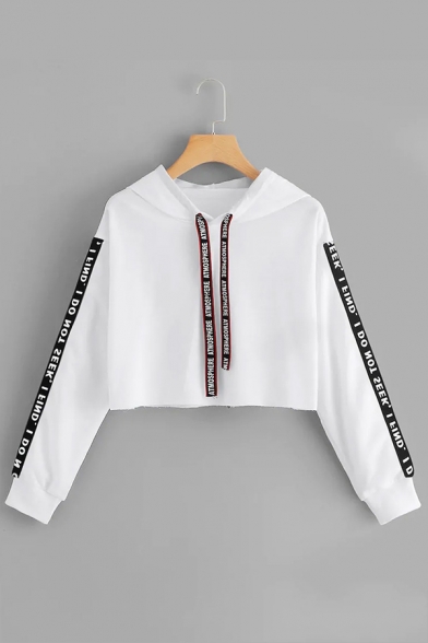 Womens Active Letter Tape Embellished Long Sleeve Cropped Drawstring Hoodie