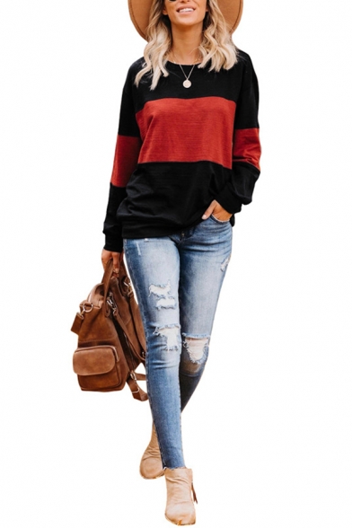 Womens Casual Colorblocked Long Sleeve Crew Neck Pullover Sweatshirt