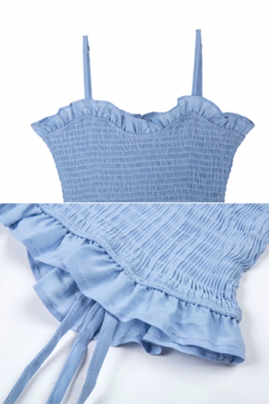 Womens Casual Plain Light Blue Stringy Selvedge Trim Spaghetti Strap Mini Ruched Party Dress