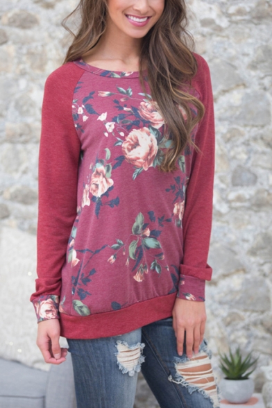 Womens Chic Red Flower Printed Elbow Patch Long Sleeve Pullover Sweatshirt Top