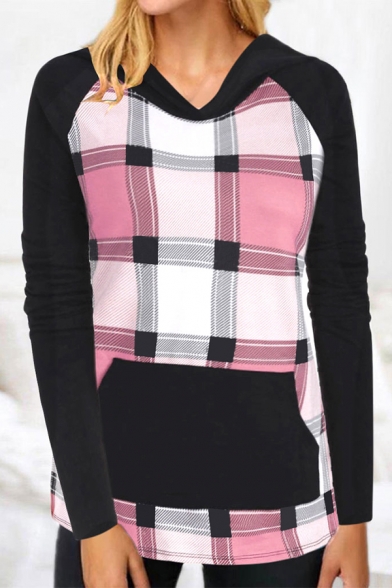 Womens Classic Plaid Patchwork Colorblock Long Sleeves Slim Fit Pullover Hoodie