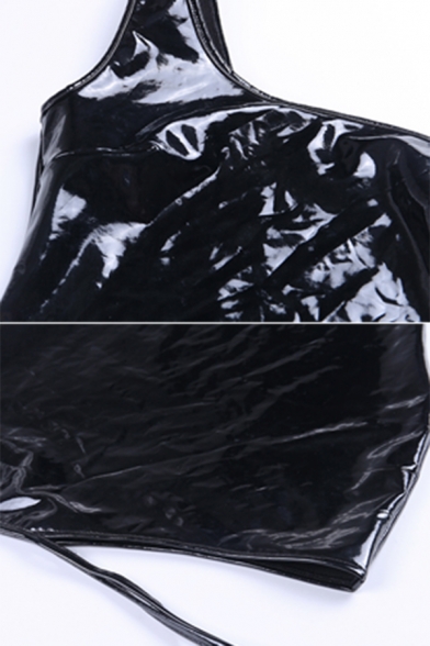 Womens Cool Plain Black PU Metallic One-Shoulder Style Cutout Mini Bodycon Dress for Club