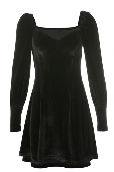 Womens Elegant Chic Plain Black Sweetheart Neck Long Sleeve  Mini Velvet A-Line Dress