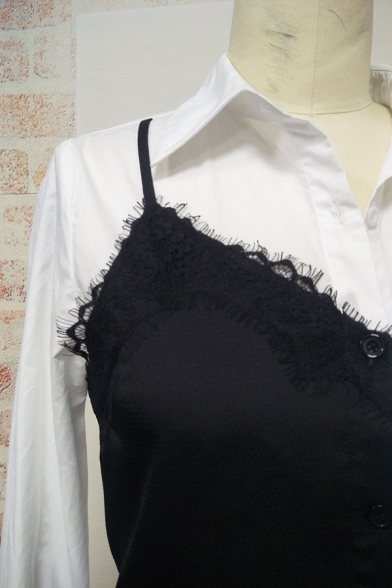 Womens New Stylish Colorblocked Lace Panel Long Sleeve Tied Waist Button Down Mini Shirt Dress