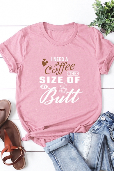 Womens Popular Letter I NEED COFFEE Print Short Sleeves Summer T-Shirt