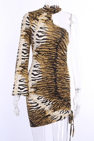 Womens Popular Tiger Print One Shoulder Single Sleeve Drawstring Hem Yellow Mini Party Dress