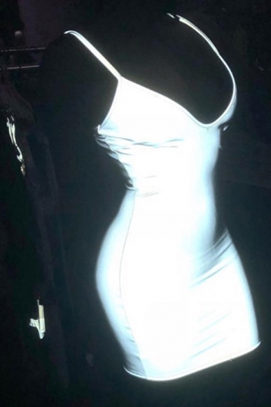 Womens Sexy Nightclub Style Plain Scoop Neck Sleeveless Cool Reflective Fitted Mini Slip Dress