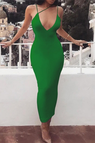 Womens Sexy Plain Plunge V Neck Maxi Strappy Bodycon Dress for Party
