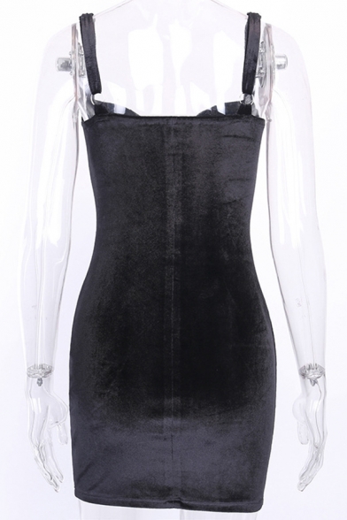 Womens Sexy Plain Sleeveless Black Velvet Fitted Mini Bustier Strap Dress for Party