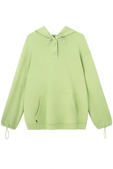 Womens Simple Light Green Plain Long Sleeve Loose Fit Hoodie with Pocket