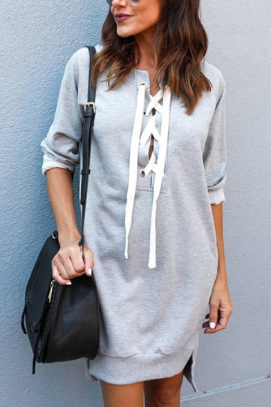 Womens Simple Plain Cross Lace-Up Front Long Sleeve Longline Sweatshirt Midi Dress with Pocket